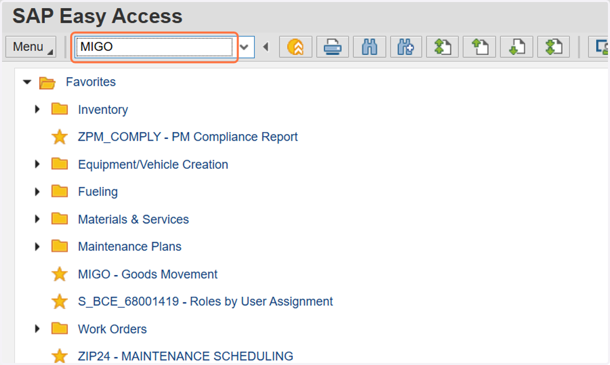 Input "MIGO" in transaction box.