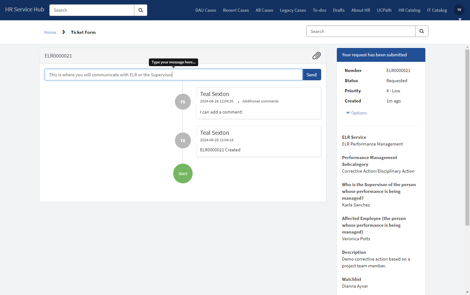You will see the Case has been created and you are now in the client view. You can communicate within the case using this comments bar.