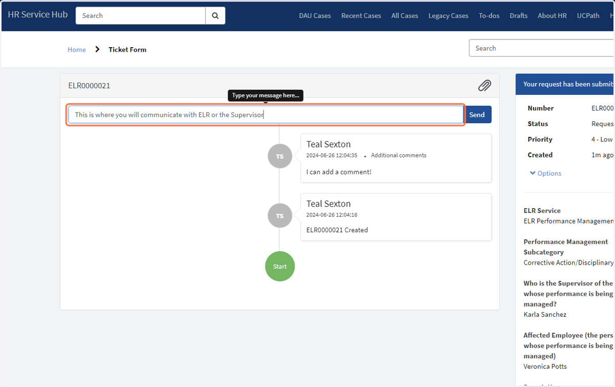You will see the Case has been created and you are now in the client view. You can communicate within the case using this comments bar.