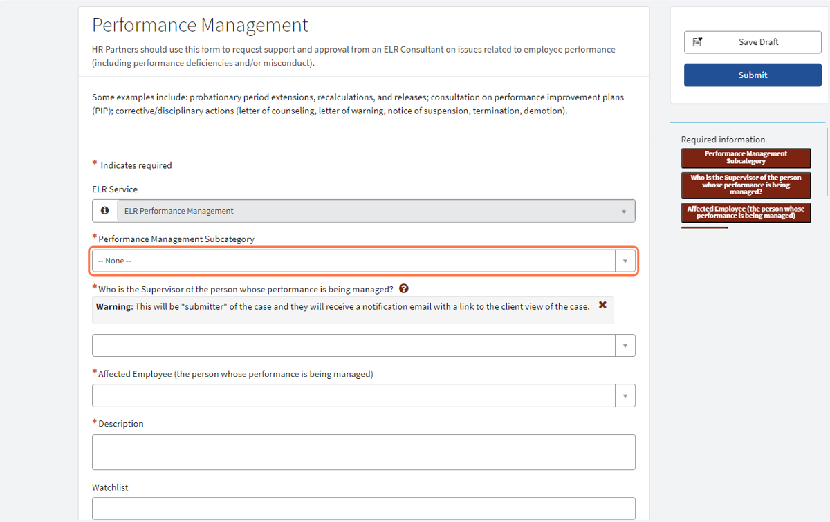 Click on the drop down list to select a subcategory for your request.