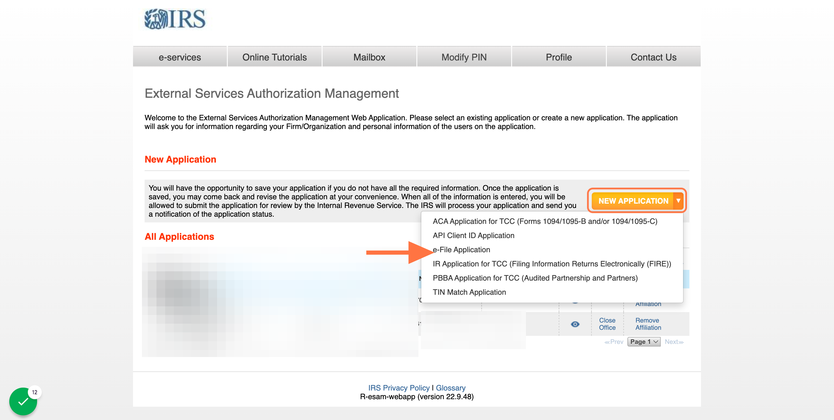 Click on NEW APPLICATION & then click "e-file Application" from the drop down arrow.