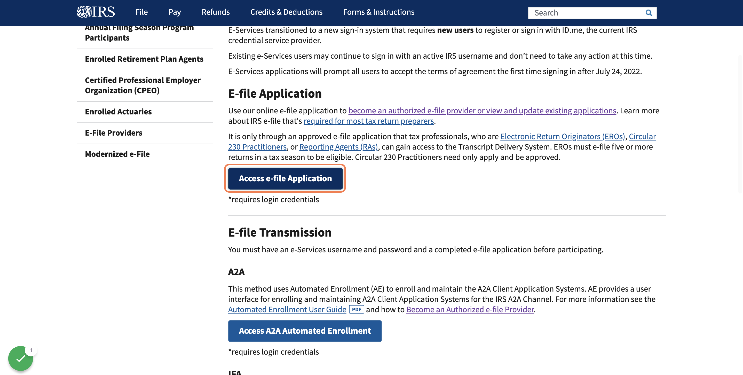 Click on Access e-file Application