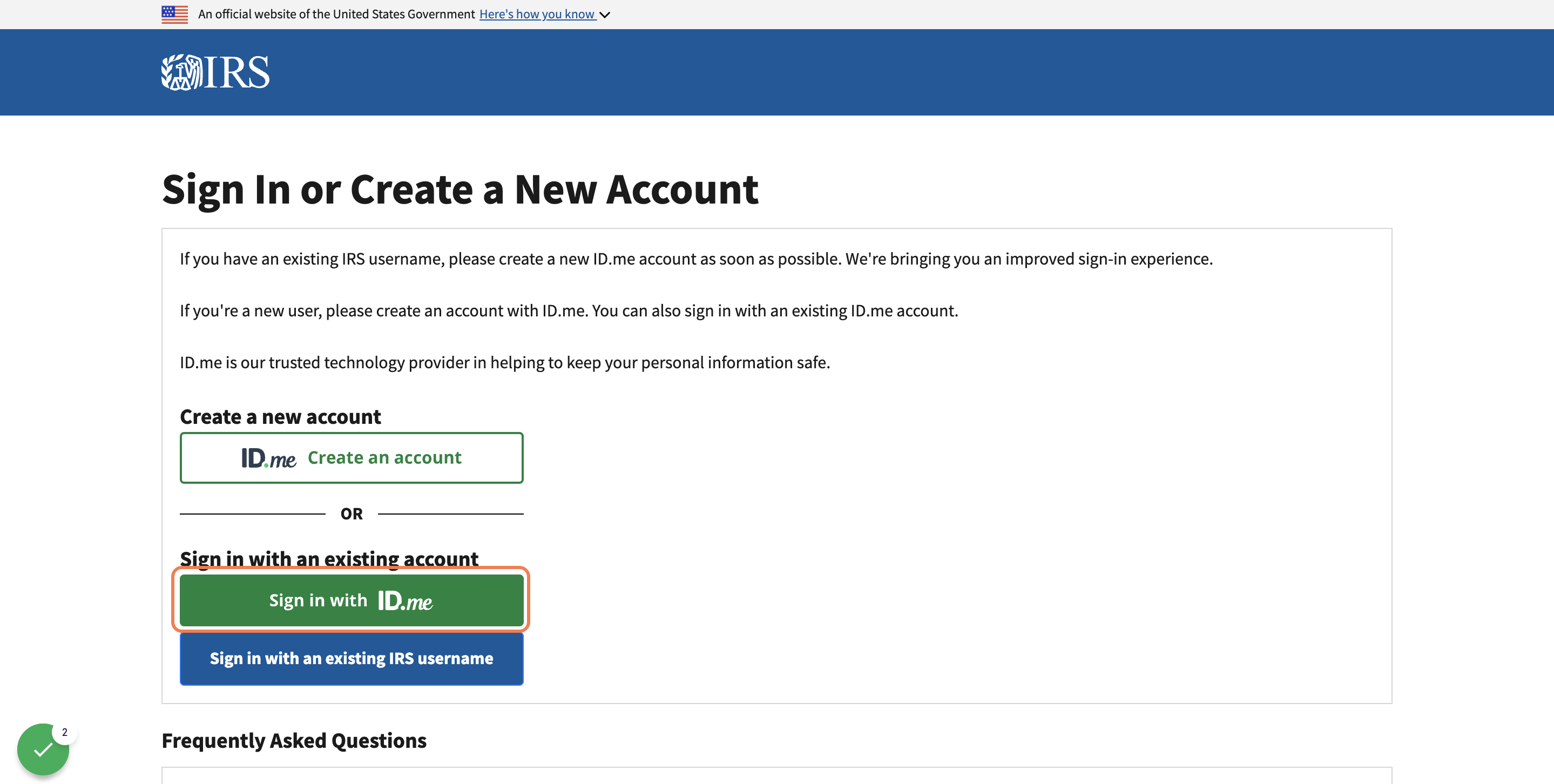 Click on Sign In with ID.me OR you can sign in using an existing IRS.gov account