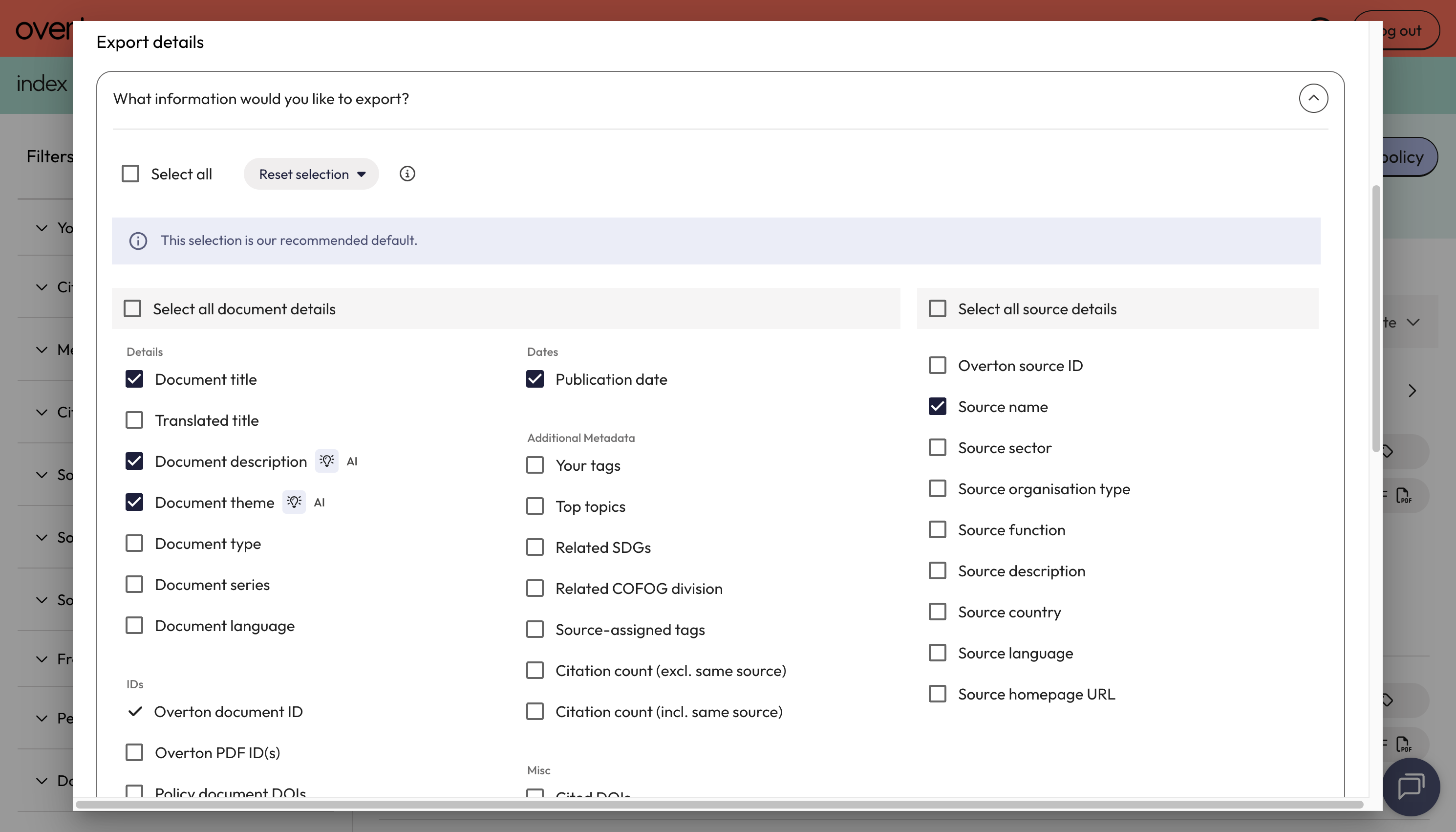 Click on What information would you like to export?