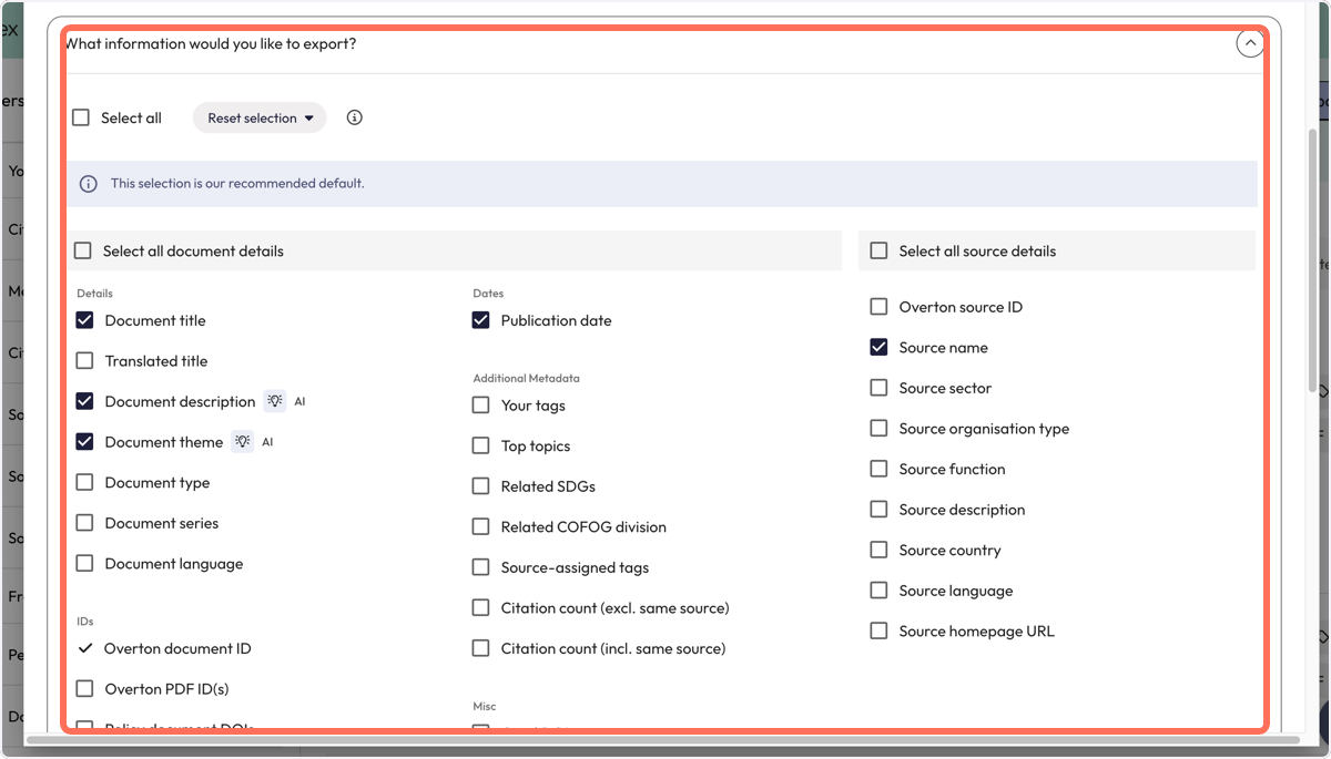 Click on What information would you like to export?