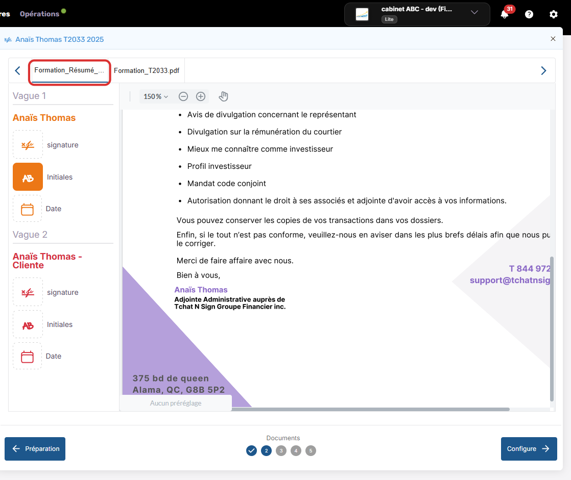 Cliquez sur le champs que vous souhaitez ajouter pour le voir apparaitre dans votre document 