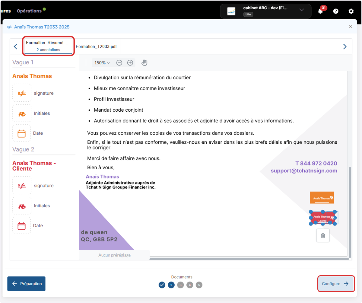 Cliquez sur les titres des documents pour une dernière vérification.
Cliquez sur Configure pour passer à la troisième étape