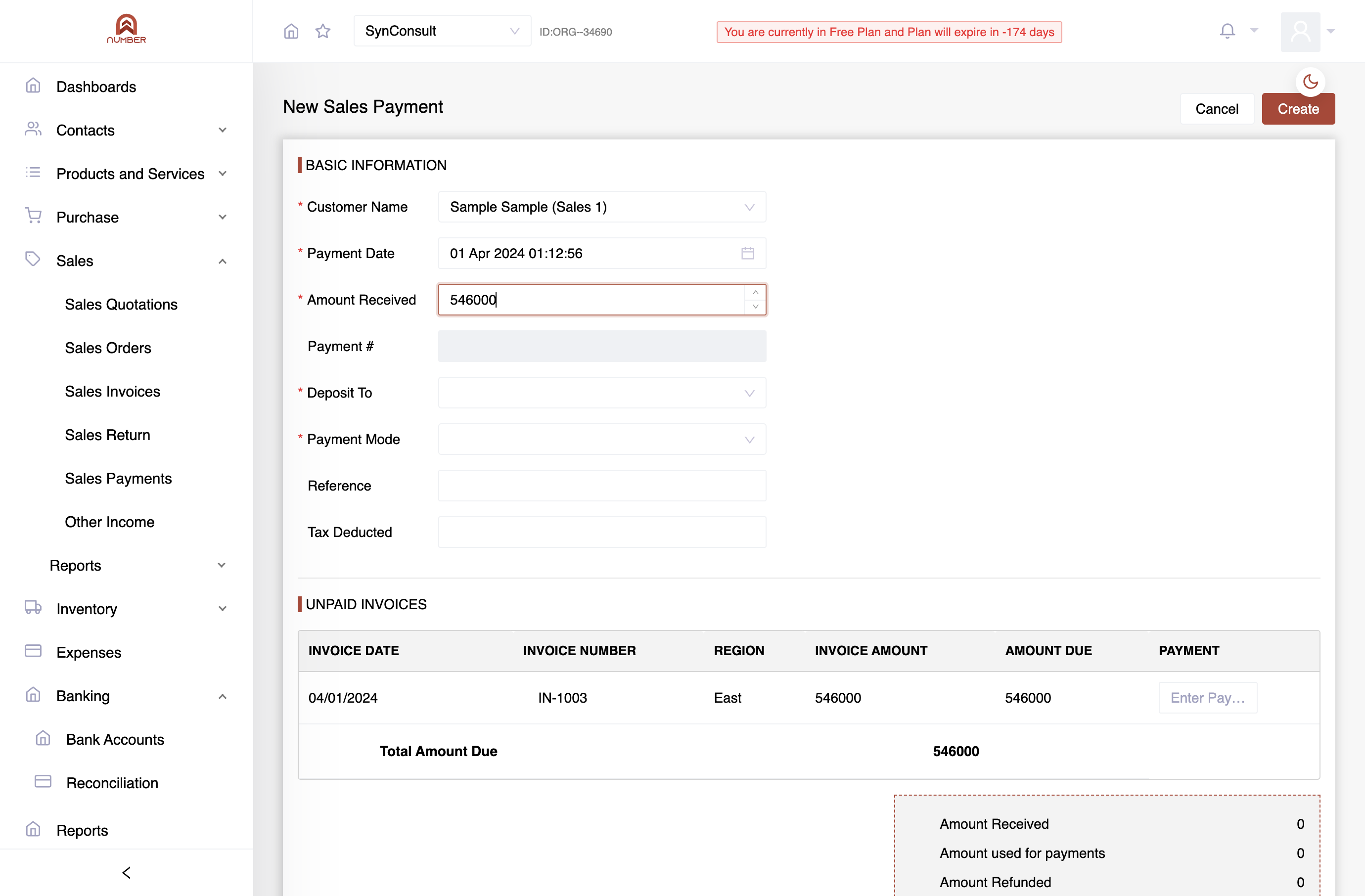 Amount. The system will automatically distribute the payment across the invoices (modifiable).
