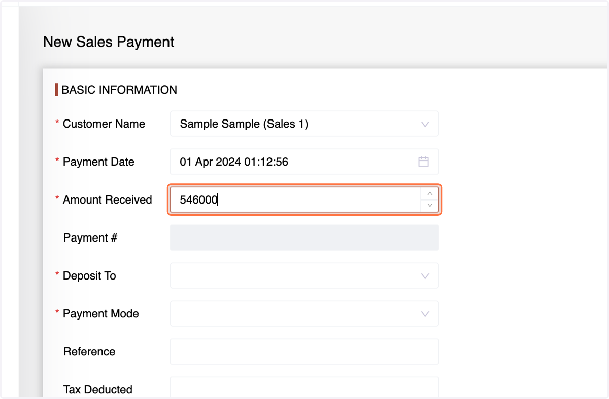 Amount. The system will automatically distribute the payment across the invoices (modifiable).