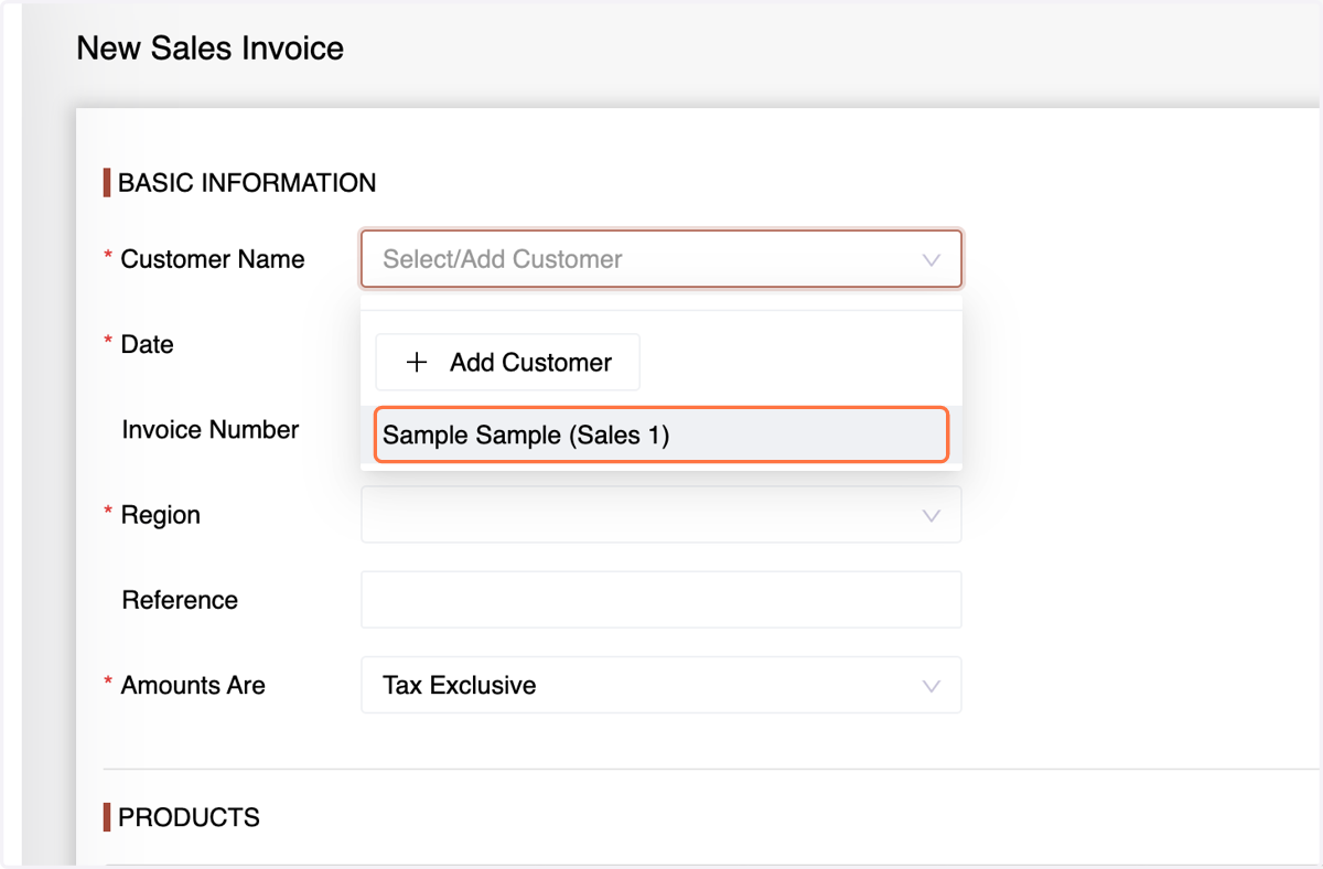 Enter basic information: Select/ Add Customer Name,