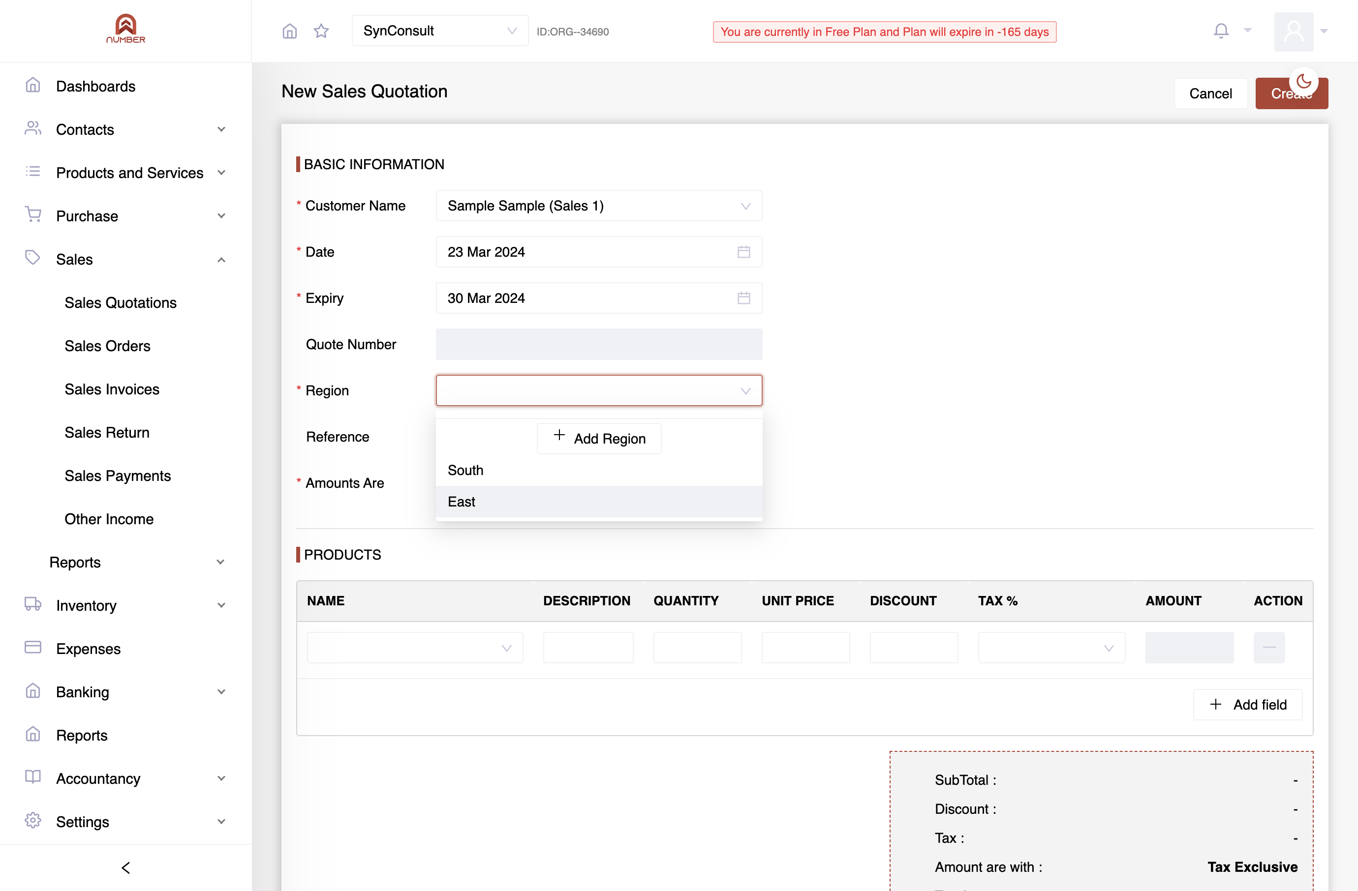 region(Branch), and tax options.