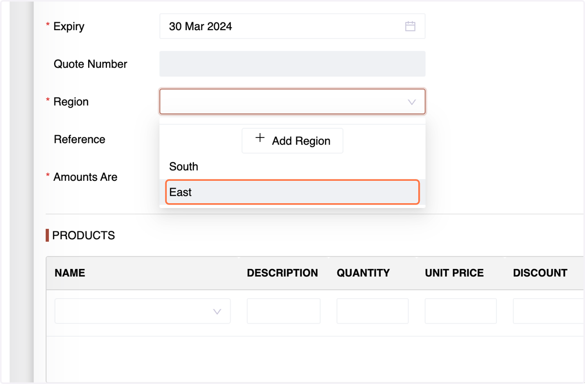 region(Branch), and tax options.