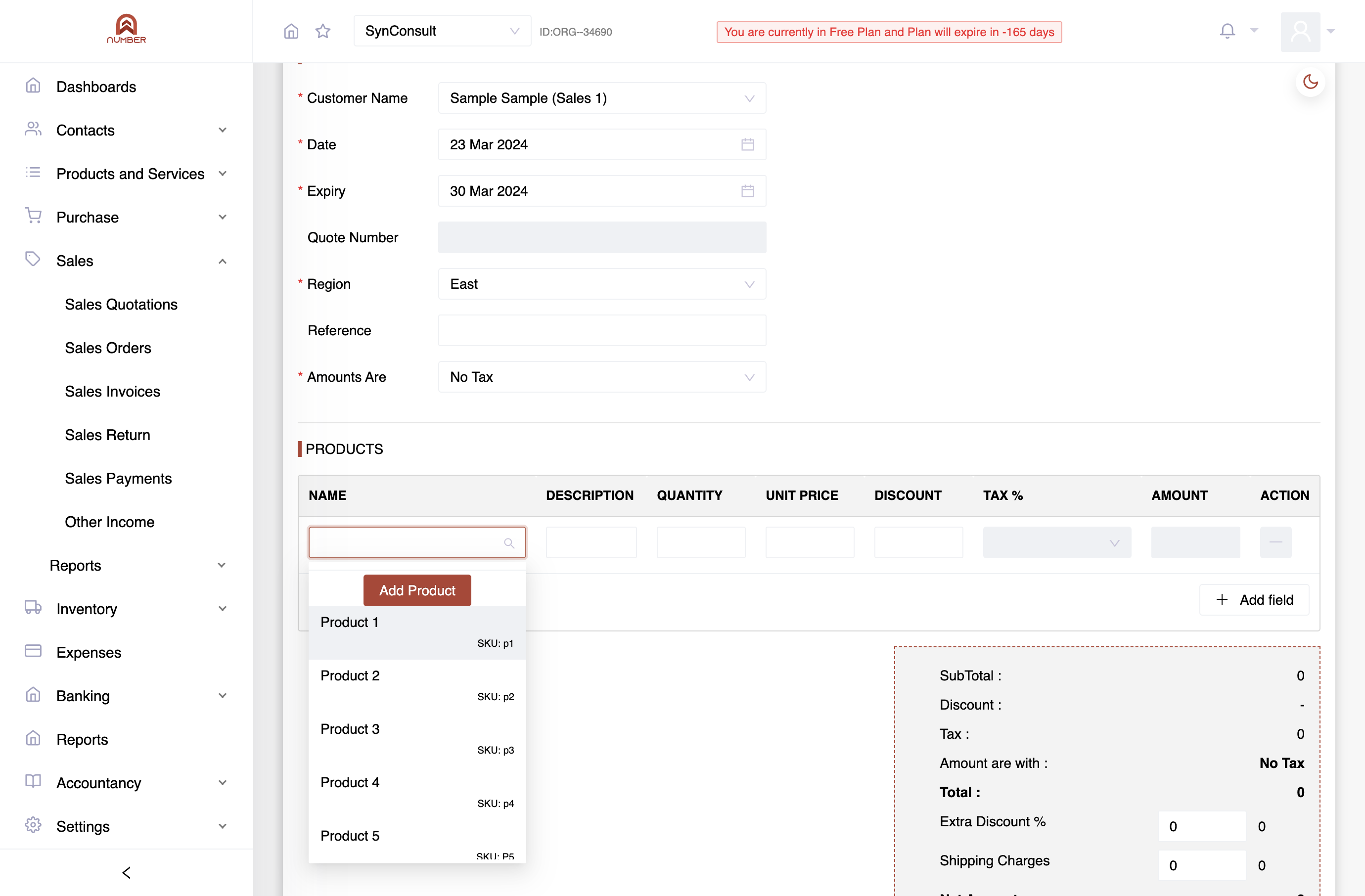 In the Products section, choose the product,enter a description,