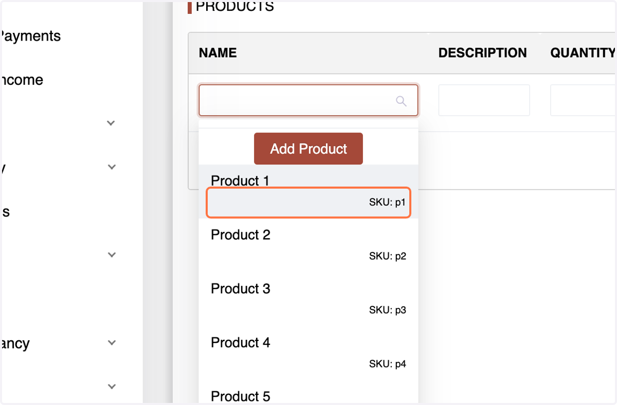 In the Products section, choose the product,enter a description,