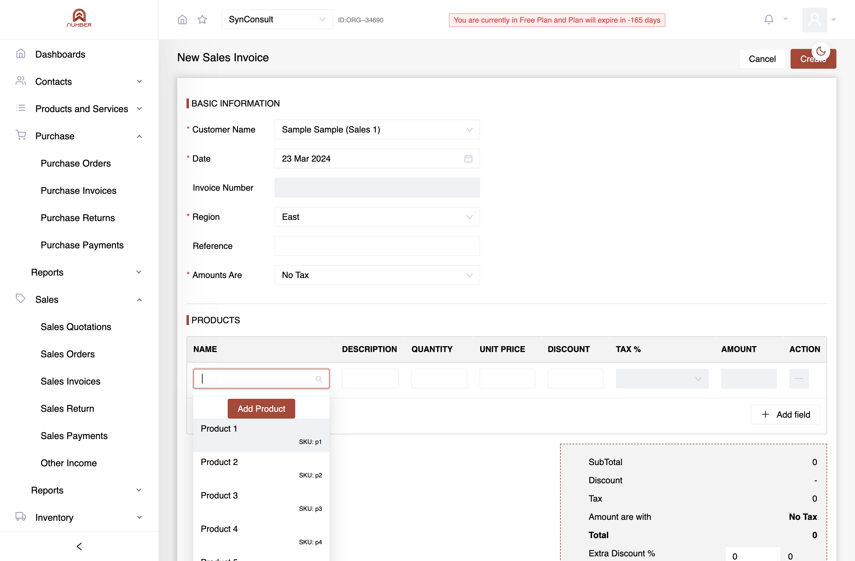 In the Products section, choose the product, enter a description,