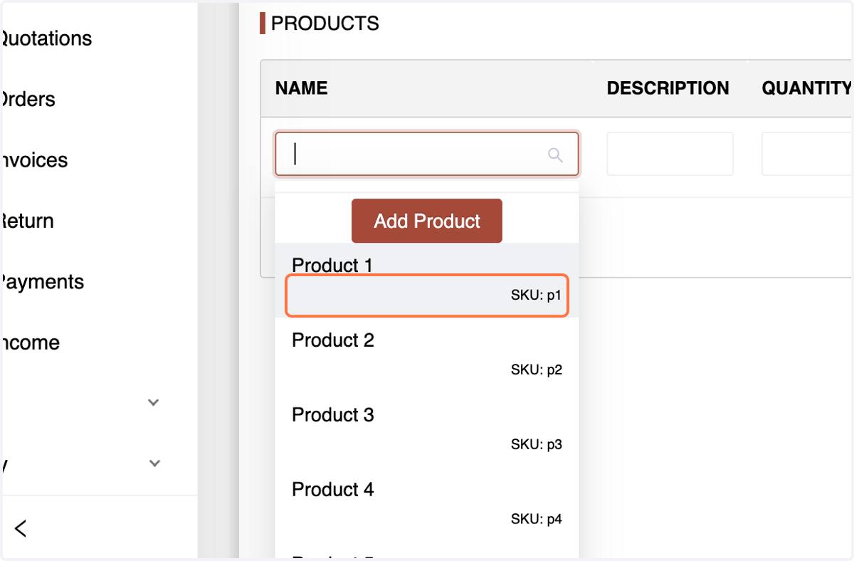 In the Products section, choose the product, enter a description,