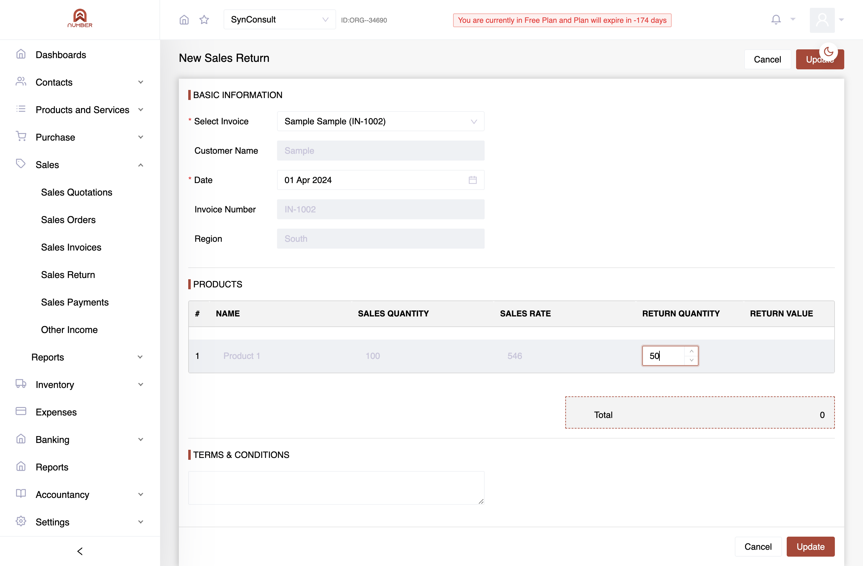 In the Products section, specify the quantity being returned and review the information before clicking "Update."