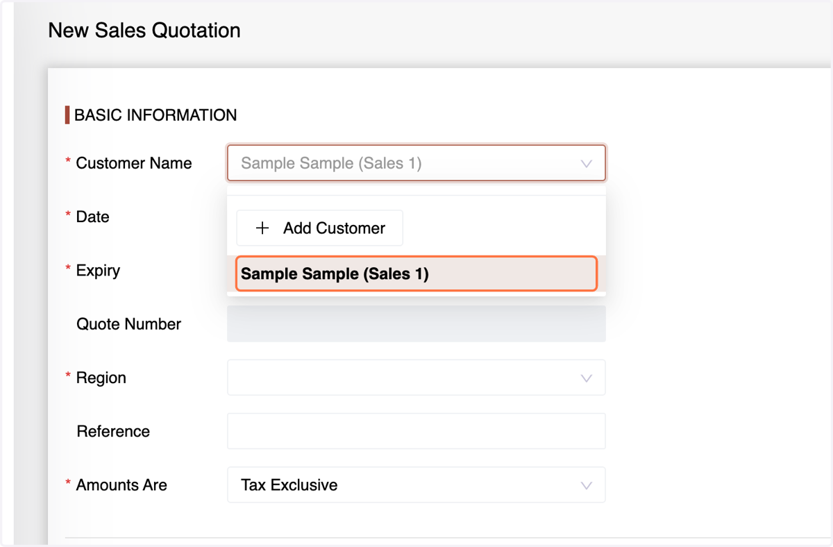 Enter basic information such as customer details,