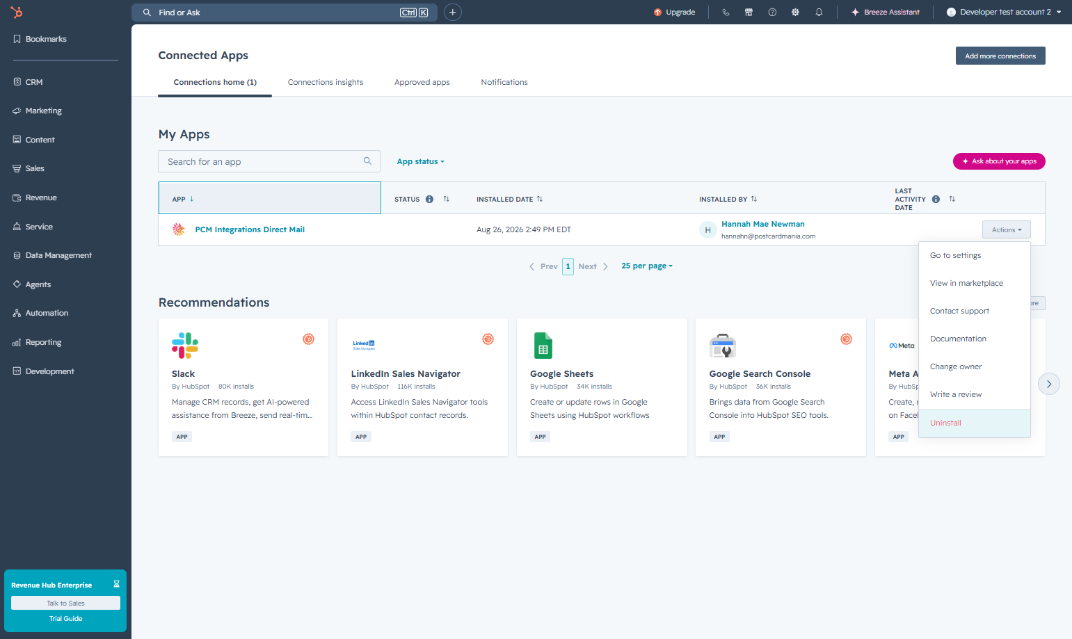 A. Click on Actions for the PCM Integrations Direct Mail App B. Click on Uninstall