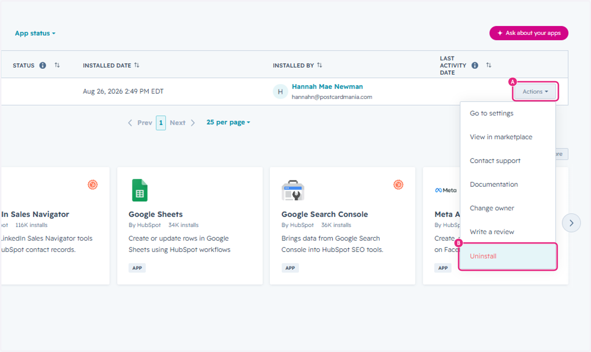 A. Click on Actions for the PCM Integrations Direct Mail App B. Click on Uninstall