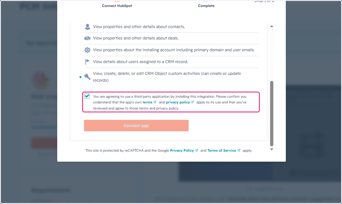 Select You are agreeing to use a third party application by installing this integration. Please confirm you understand that the app's own terms and privacy policy apply to its use and that you've reviewed and agree to those terms and privacy policy.