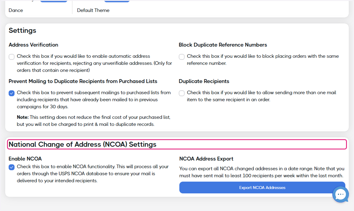 Confirm your preference for the National Change of Address (NCOA) Settings