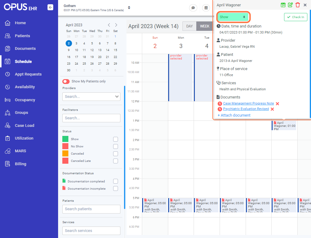 Click the default attendance "Show" to display the other options "No Show", "Canceled", and "Canceled Late".