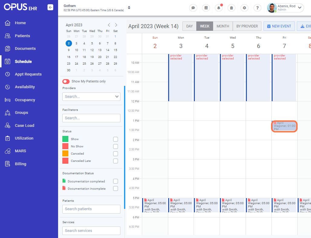 Select the appointment that you need to mark that patient's attendance