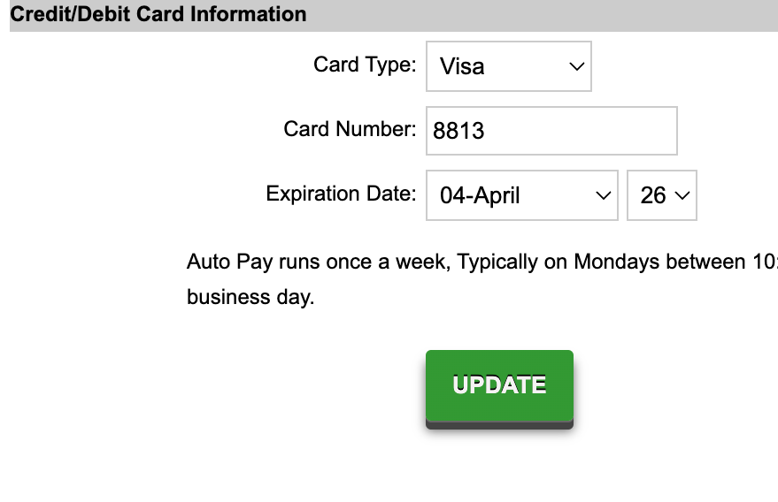 Update the card type, card number, and expiration date.