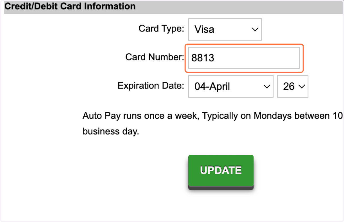 Update the card type, card number, and expiration date.