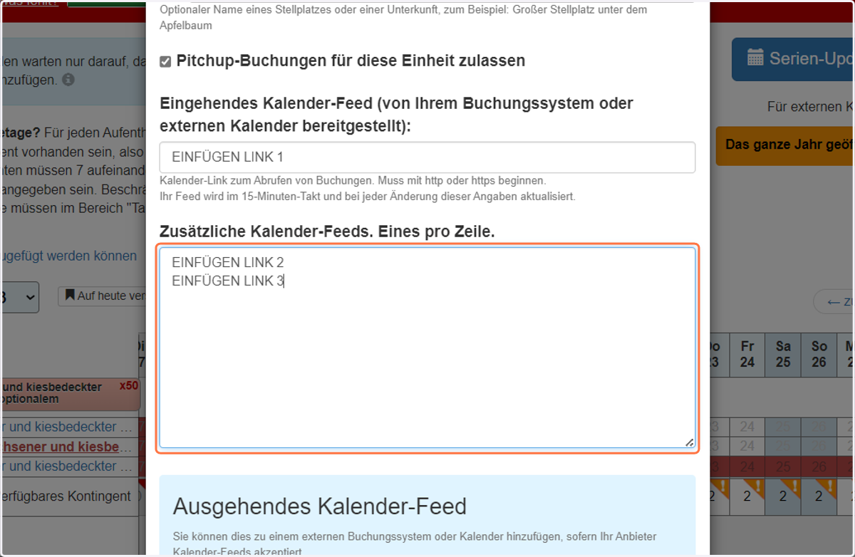 Wenn mehr als ein iCal Link hinzugefügt werden sollen, einfach alle zusätzlichen Links in das Feld unter "Zusätzliche Kalender-Feeds" kopieren. Bitte sicherstellen, dass pro Zeile maximal ein Link eingetragen wird