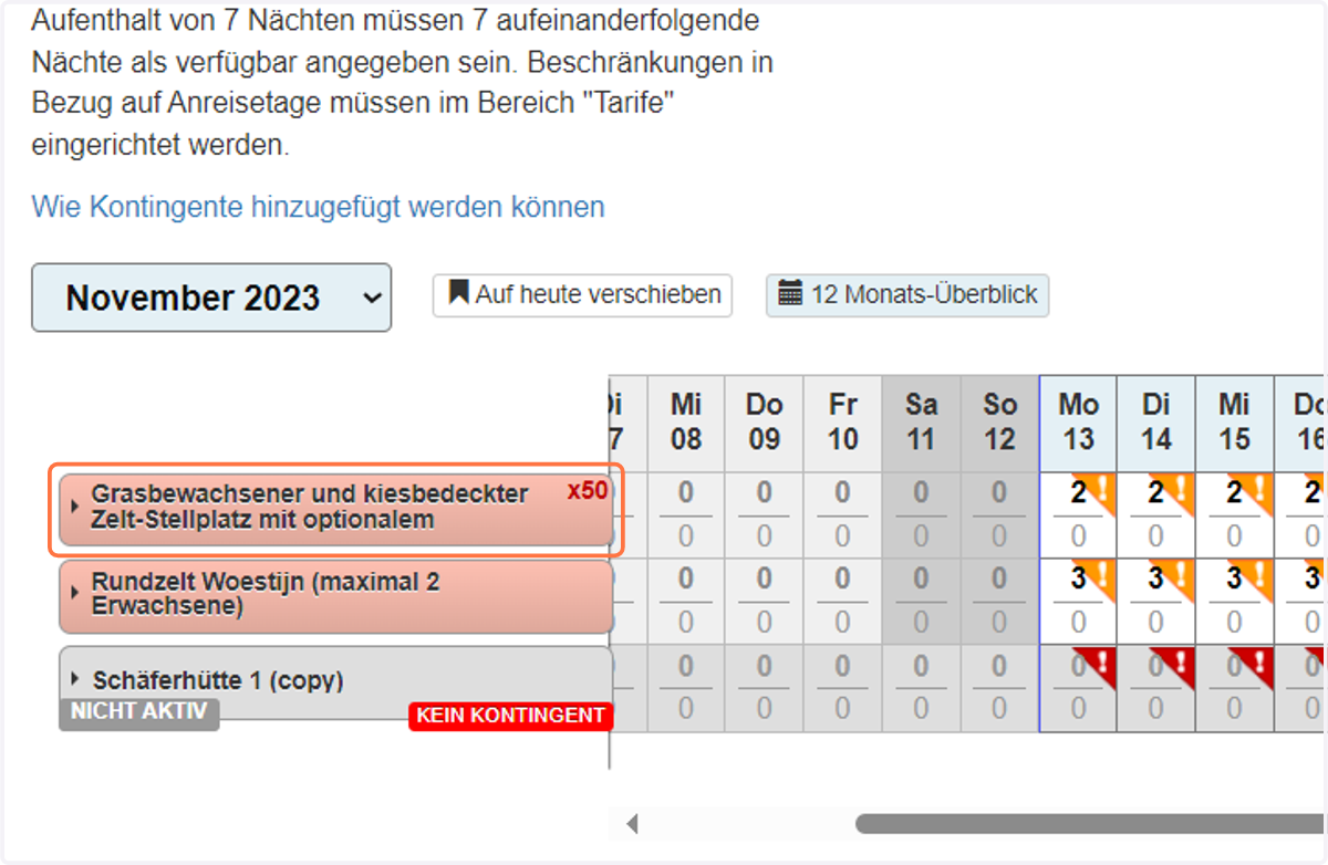 Auf den Stellplatztyp klicken, für den ein iCal Link hinzugefügt werden soll