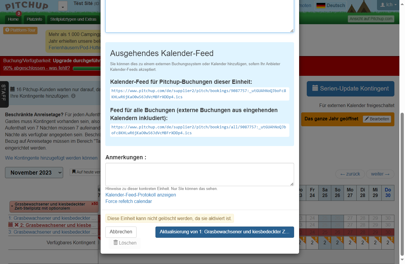Auf "Aktualisierung" klicken. Das Programm wird ab sofort iCals einholen und in der Tabelle der Kontingente externe Buchungen in grau anzeigen.