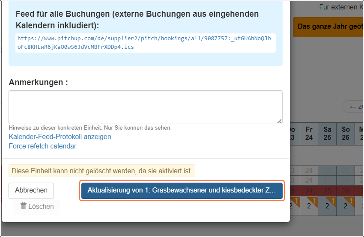 Auf "Aktualisierung" klicken. Das Programm wird ab sofort iCals einholen und in der Tabelle der Kontingente externe Buchungen in grau anzeigen.