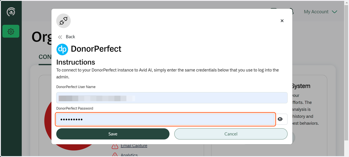 Enter in your DonorPerfect password