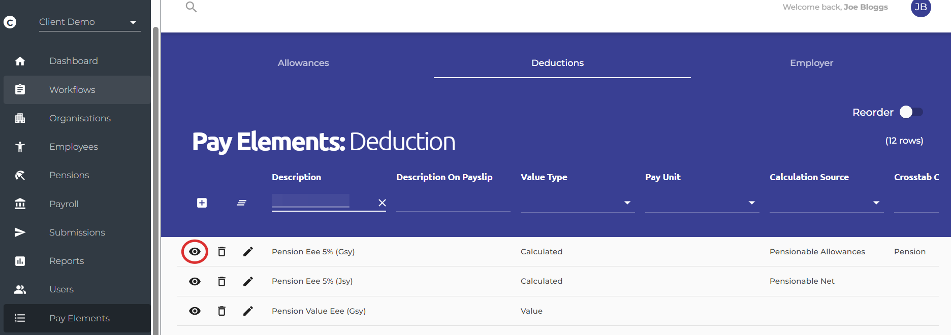 Navigate to the Pay Elements screen on the main menu on the left