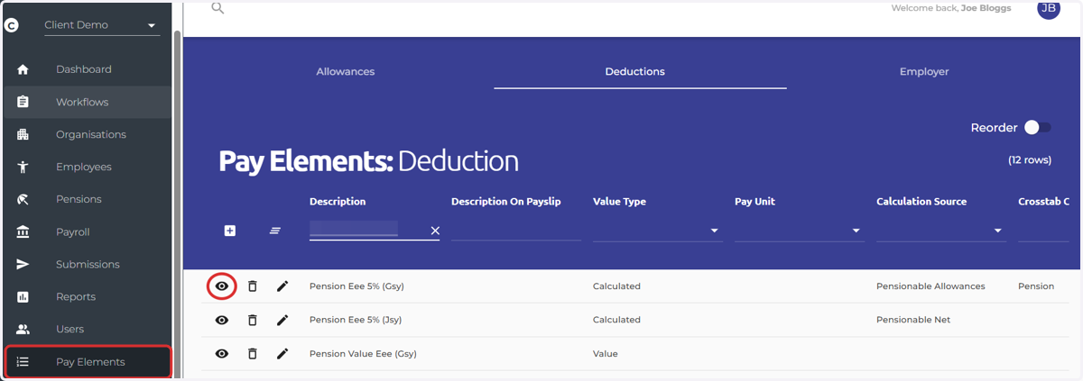 Navigate to the Pay Elements screen on the main menu on the left