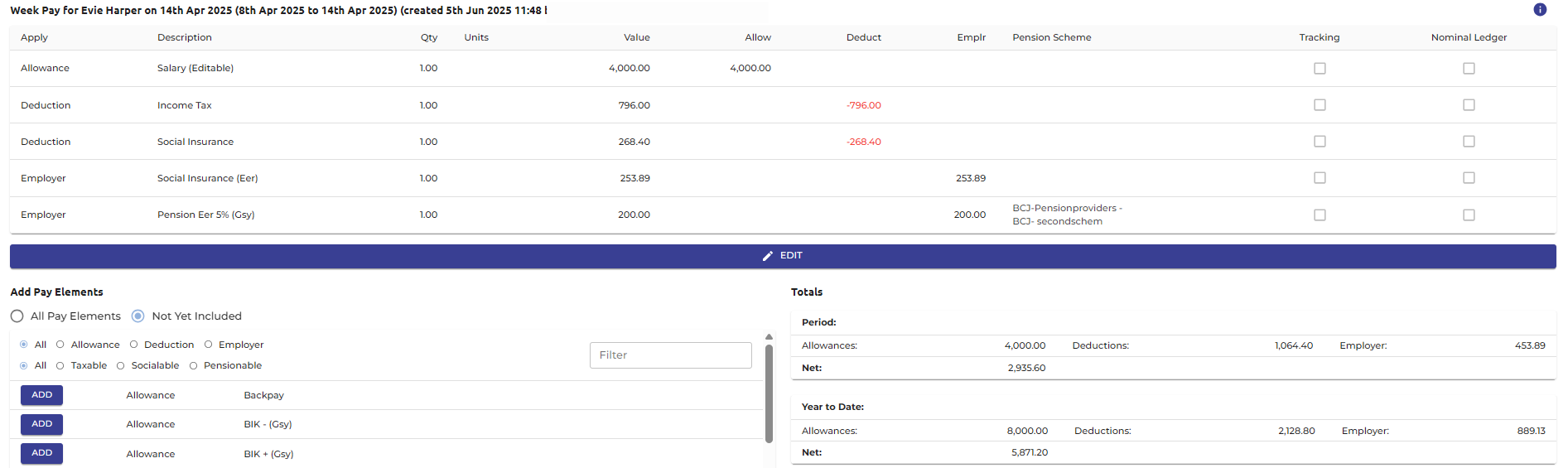Weekly payslip before