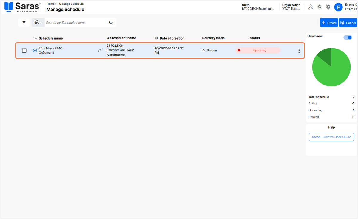 Locate the existing exam schedule and click on the schedule to expand the schedule details