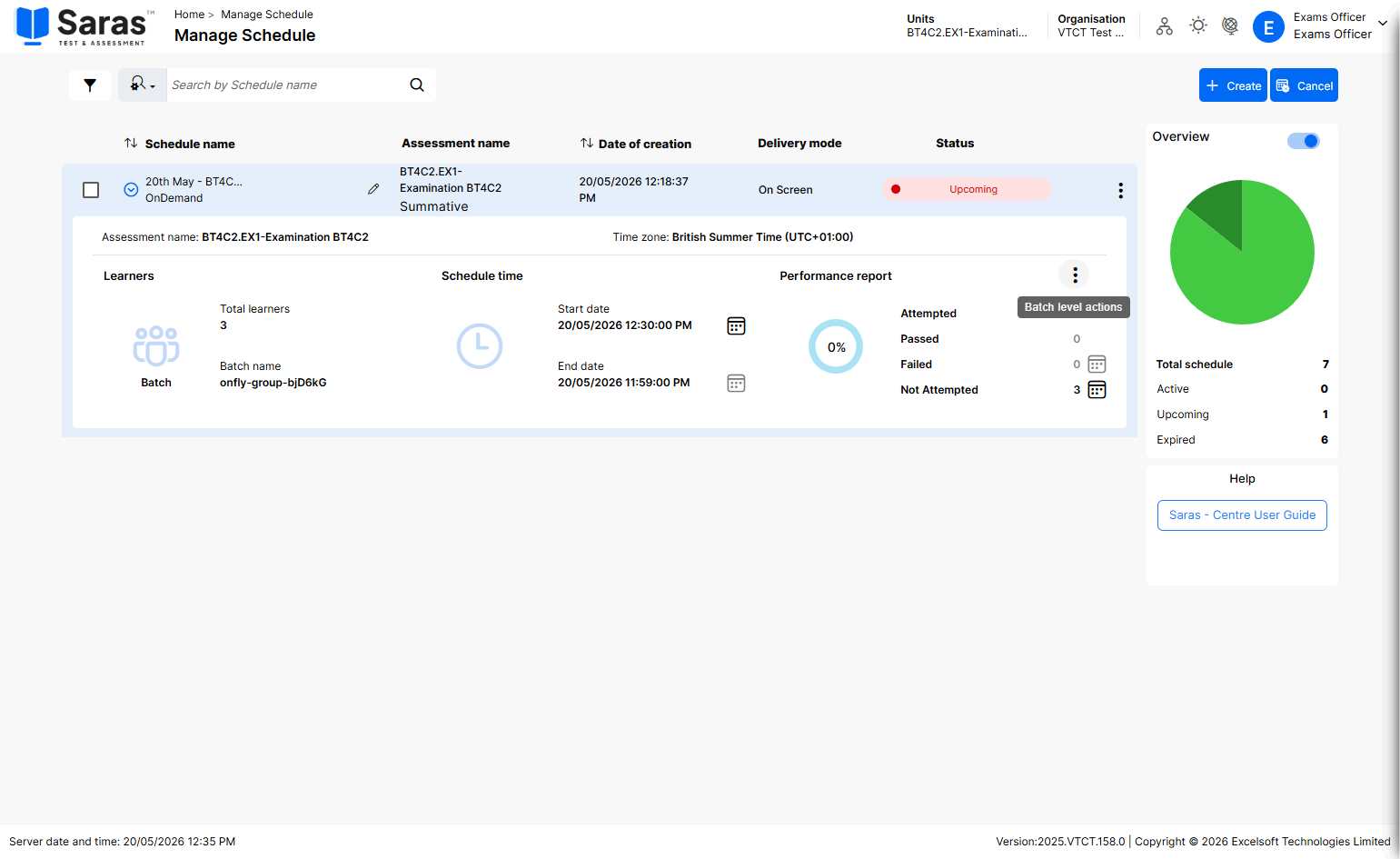 To verify the learners have been removed from the schedule, click on the three dots to view the batch level actions menu