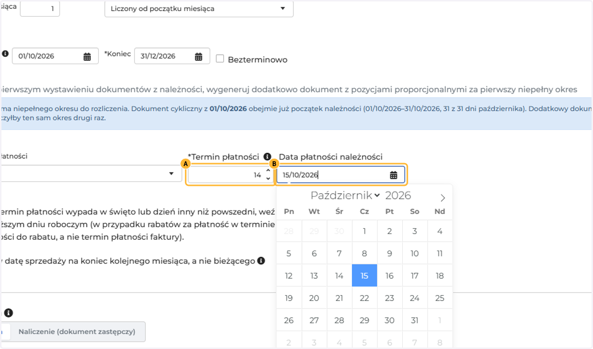 A. Wpisz liczbę dni B. lub wybierz datę