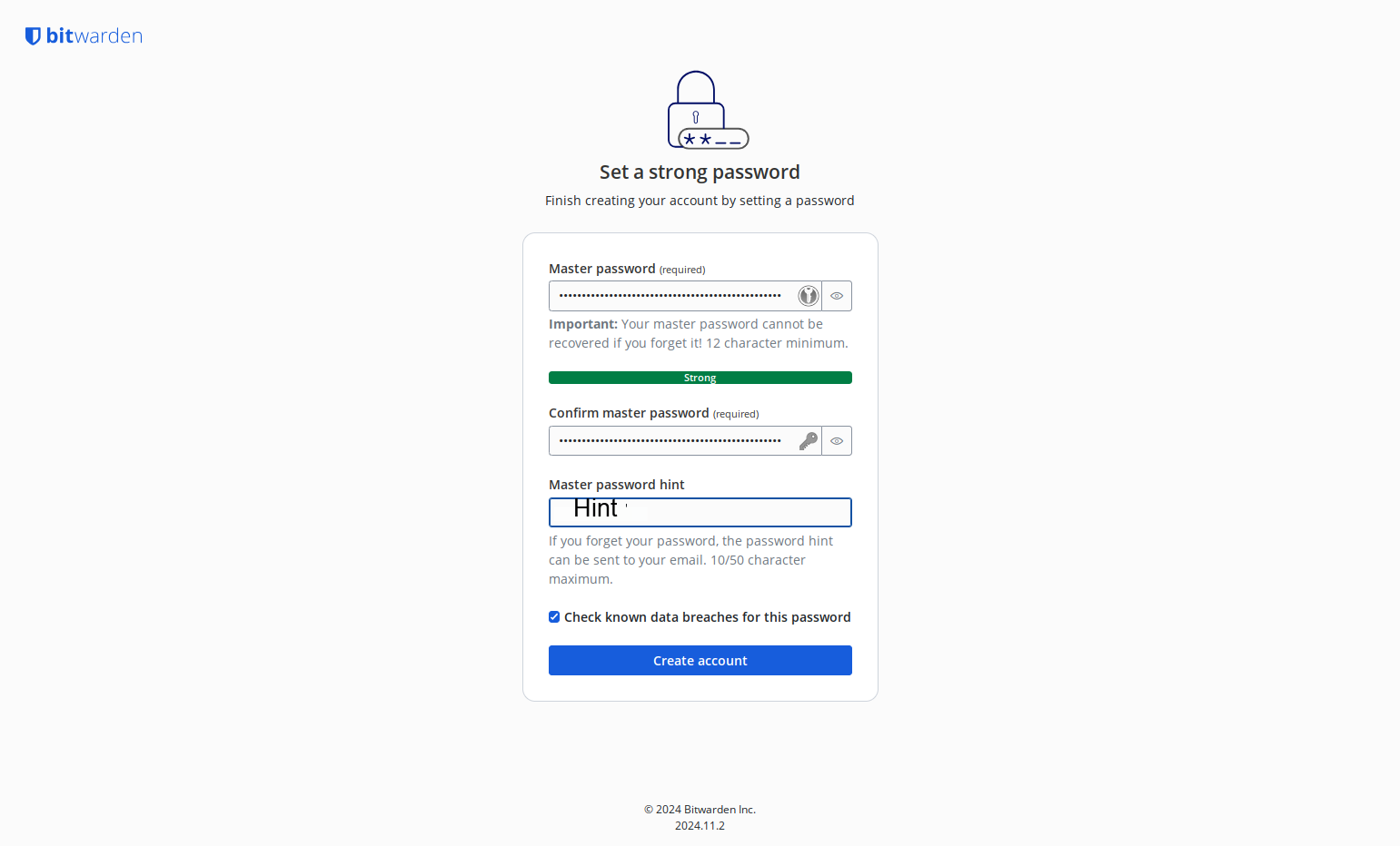 Enter a hint for your master password
