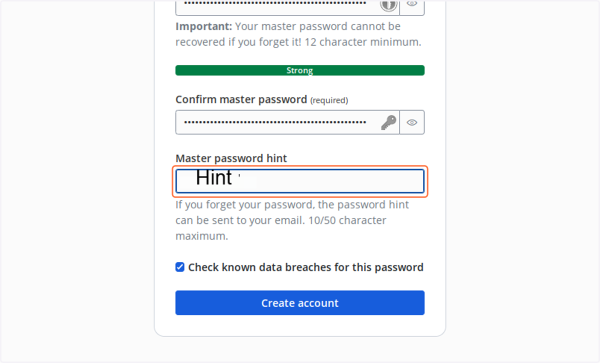 Enter a hint for your master password