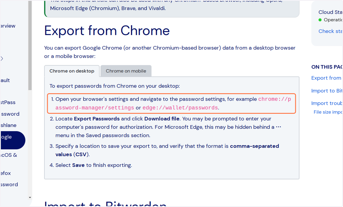 Export your passwords from Chrome