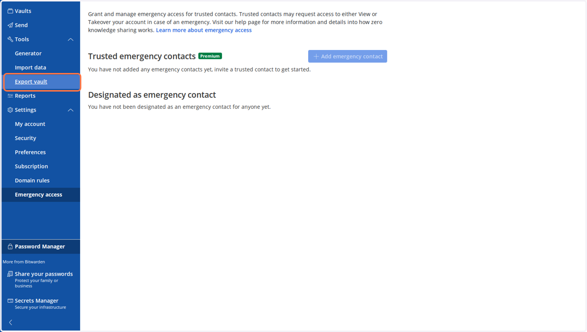 Finally, if you want to migrate to another password manager you can export everything in your Bitwarden database