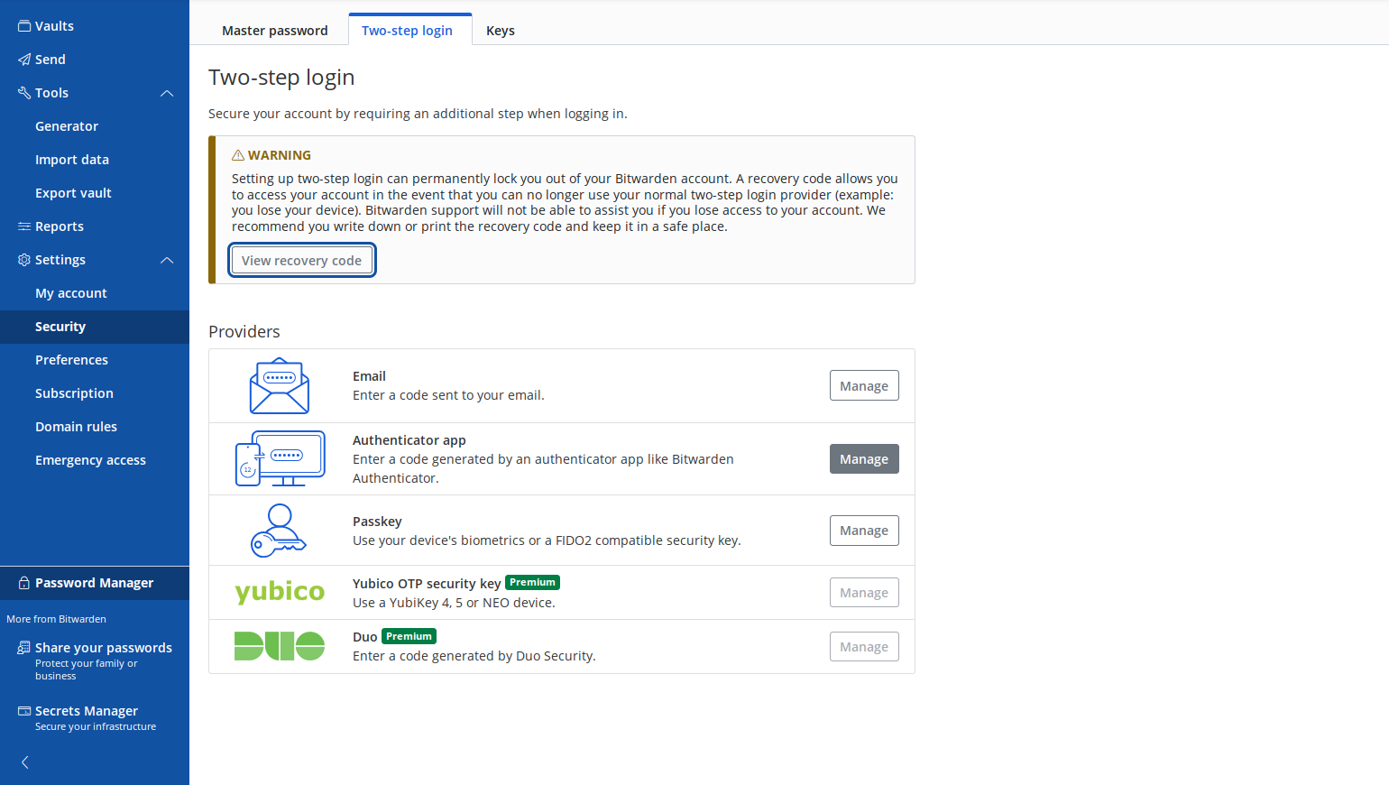 Click on Manage to setup your Authenticator app