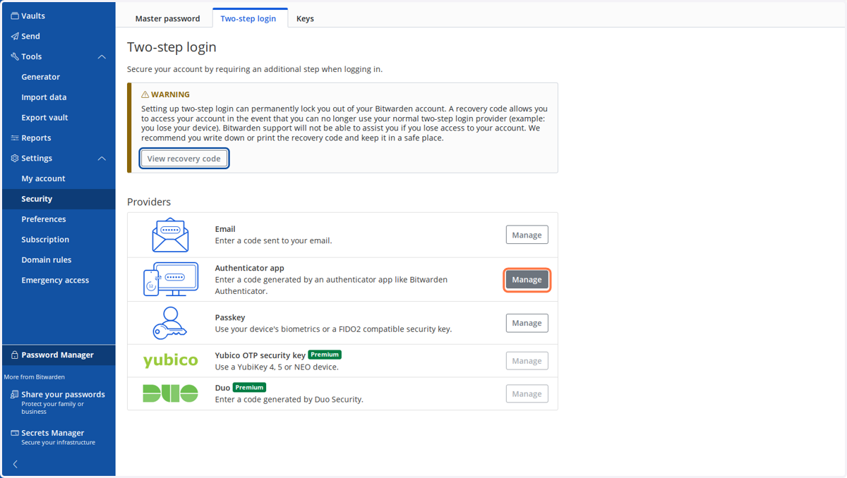 Click on Manage to setup your Authenticator app