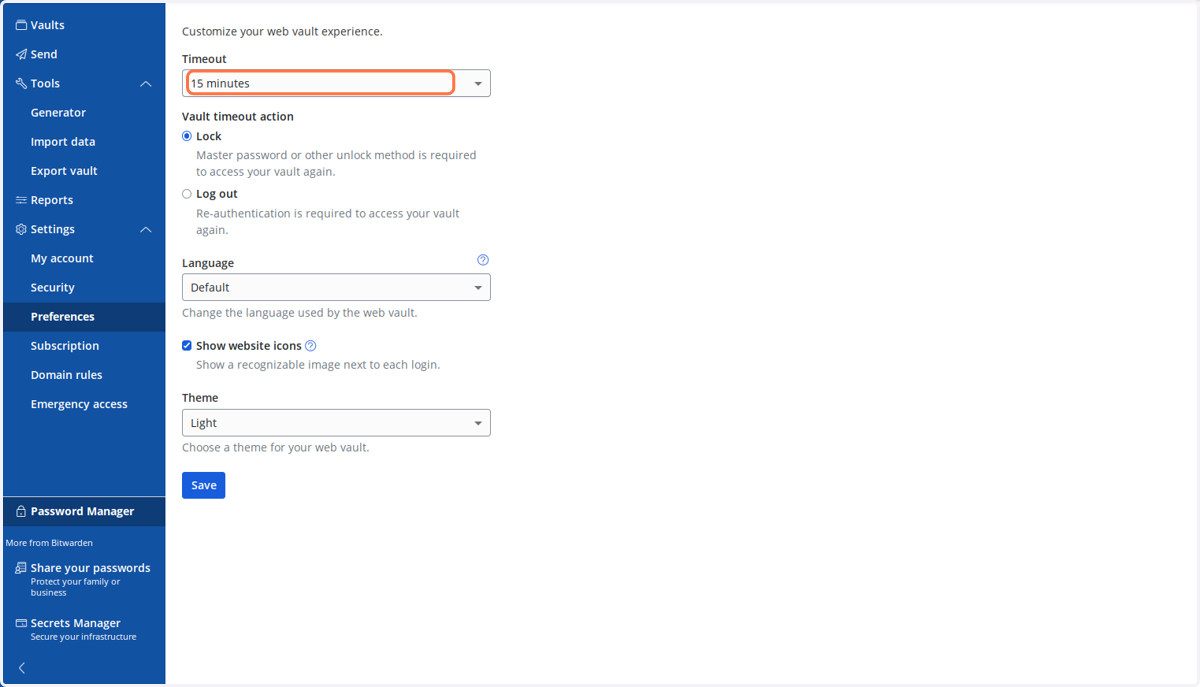 Go to Prefences to change settings like Timeout: how quickly your database auto-locks