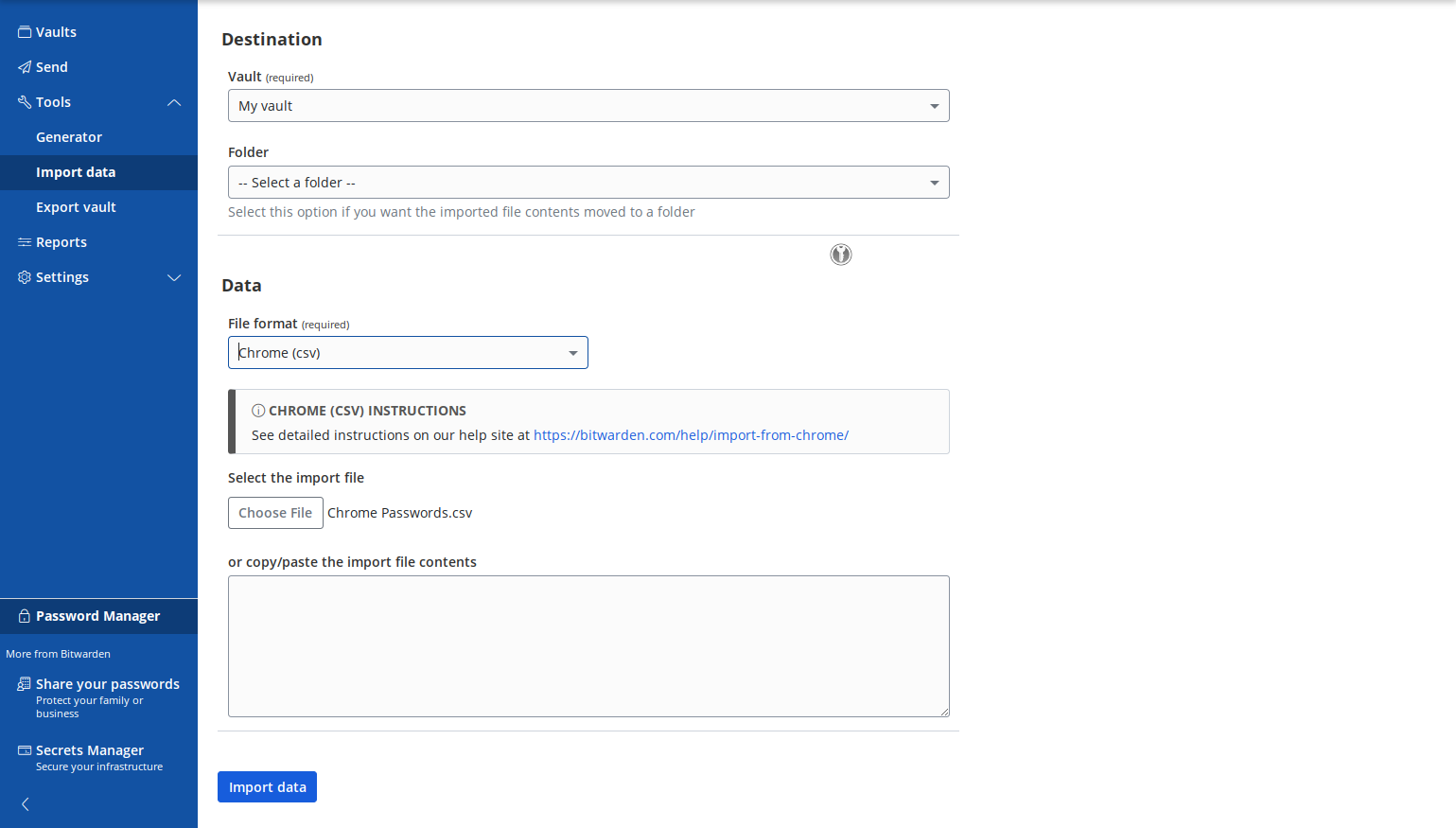Select "Chrome Passwords.csv" from file upload menu