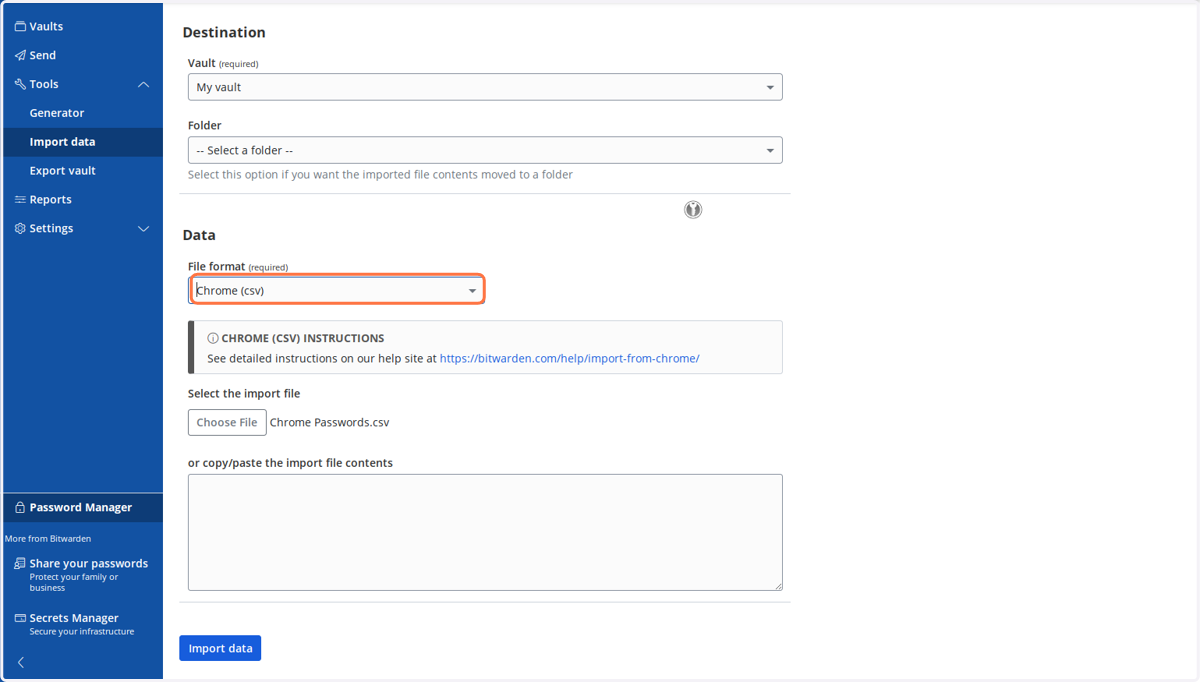 Select "Chrome Passwords.csv" from file upload menu